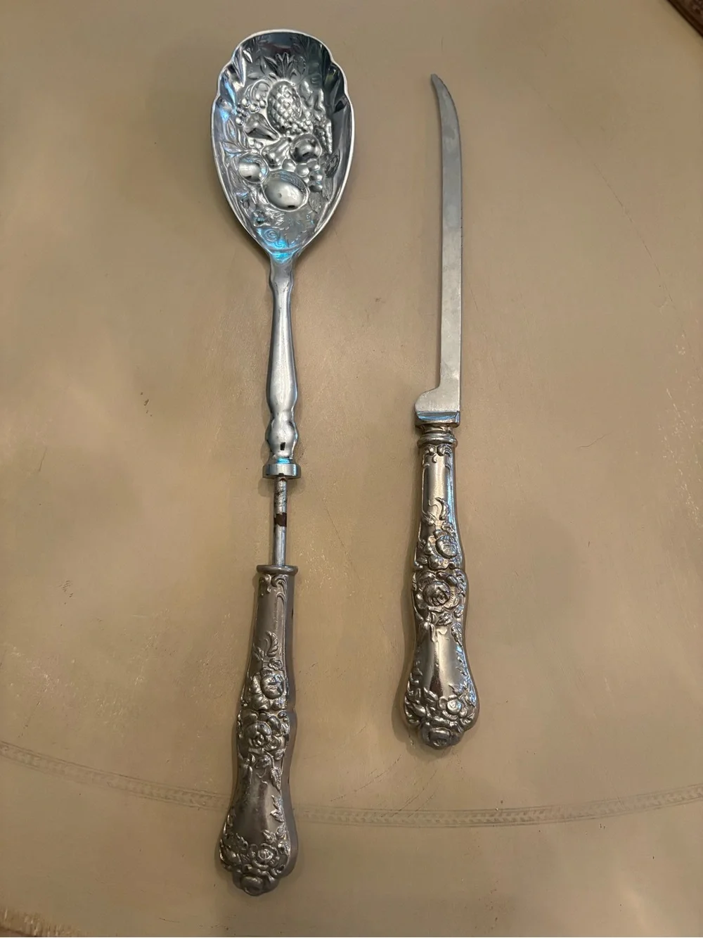 Ornate Silver-Tone Carving Knife and Server Set - Floral Handle